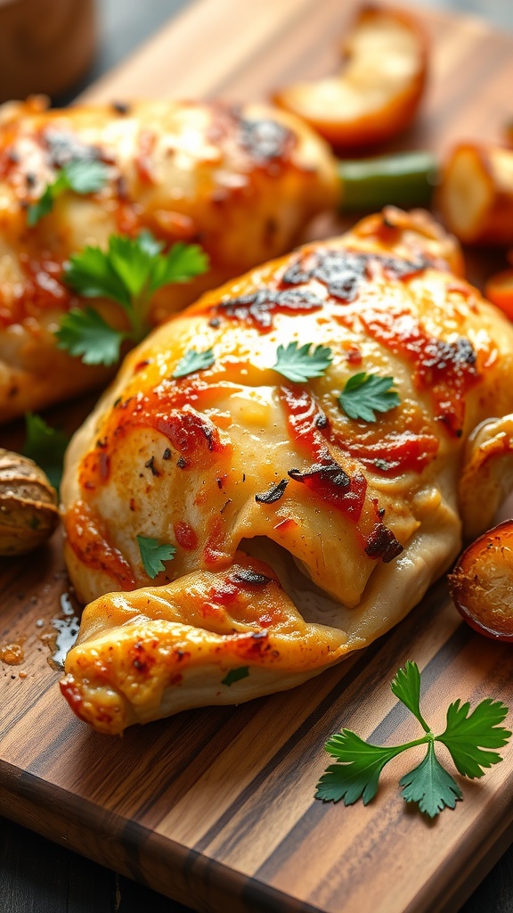 Juicy baked chicken breast garnished with parsley on a cutting board with roasted vegetables.